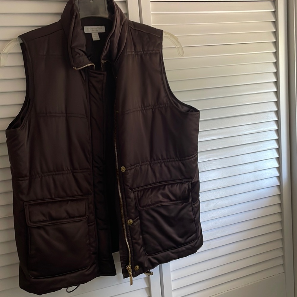 Chocolate brown vest with gold zipper, snaps etc. petite